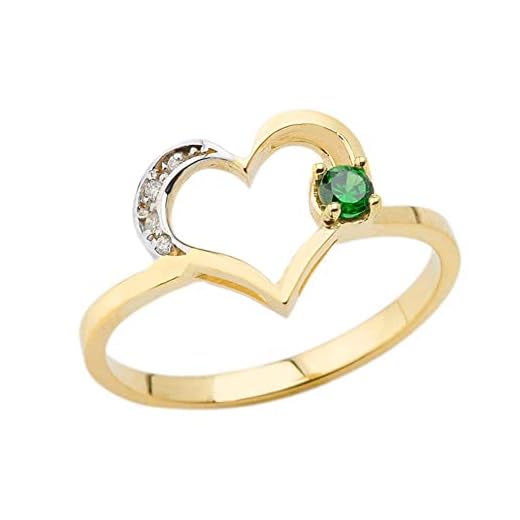 Anillo con forma de corazón de diamantes y esmeralda con piedra natal de mayo para mujer en oro amarillo de 9 quilates