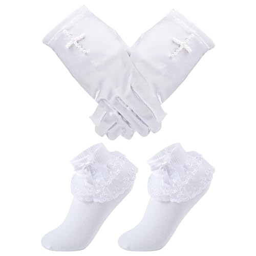 Qaziuy Guantes de comunión para niñas, calcetines de encaje con lazo blanco, guantes blancos con diamantes de imitación, accesorios de comunión para niñas, juego de calcetines de comunión, blanco, 18