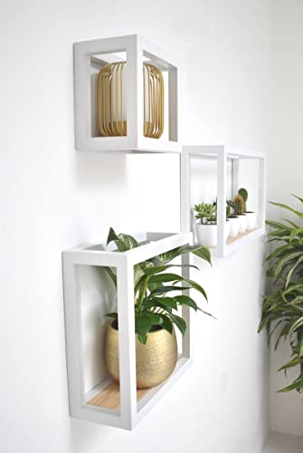 Galeara design Étagère Murale en métal Noir ou Blanc avec Bois de Bambou Soto – Facile à accrocher – Étagère Murale décorative Noire – Petite étagère Murale (Blanc, 18cm x 18cm x 12cm) – vue 5