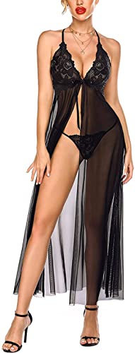 Image of BROIDEN Women's Net Lace Long Babydoll Lingerie for Honeymoon Nightwear