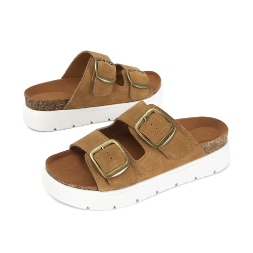 Image of Genuine Leather Platform Sandals for Women Comfortable Summer Beach Slides Sandals with Double Adjustable Buckle