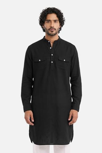 Image of SNITCH Men Casual Kurta Shirt | Regular Fit Full Sleeve Mandarin Collar Solid Pattern | Premium Cotton Linen Blend & Breathable Fabric for Festive Season & Holiday Wear