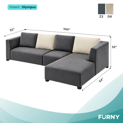 Image of FURNY Olympus 6 Seater RHS L Shape Sofa Set | Plush Velvet Suede Fabric | Modern Design | Soft Comfort Dual Color Cushions for Living Room, Office & Hotels (Dark Grey-Cream)