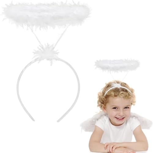 Image of WANNA PARTY White Feathered Angel Halo Headband for Halloween Cosplay Costumes, Fairy Costume Accessory, Angel Wings Headband for Halloween Decoration Items (White)