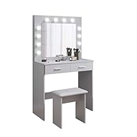 Jooli H Dressing Table Set with Hollywood LED Lights Mirror, Vanity Makeup Table 2 Large Drawers and Stool