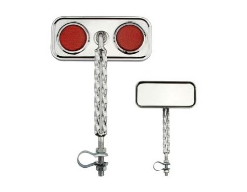 Double Twisted Mirror Chrome Red Reflectors. Bike mirror, bicycle mirror for lowrider, beach cruiser, chopper, limo, stretch bike, bmx, track, fixie, mountain bikes