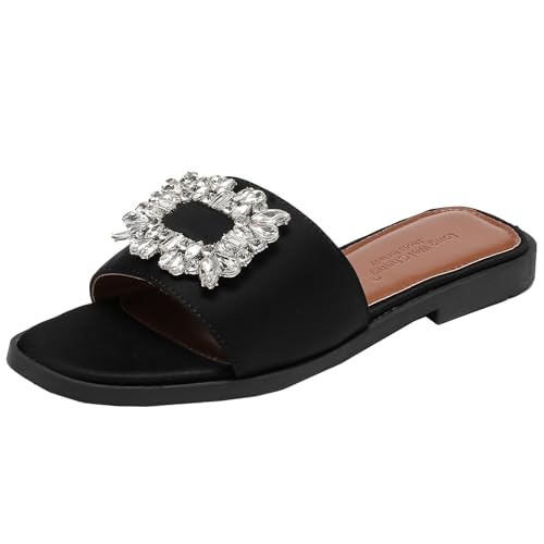 Women's Satin Square Rhinestone One Band Flat Slides Sandals Fashion Square Open Toe Comfort Summer Slip On Flat Slippers Vacation walking Beach Sandals