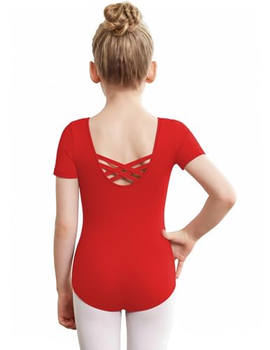 Image of Zaclotre Girls Gymnastics Leotards Crisscross Back Ballet Dance Outfits | Team Basic Leotard,Classic Short Sleeve,Hollow Back,High Stretch,Perfect Fit,Soft Cotton,Breathable,Ballerina Costume