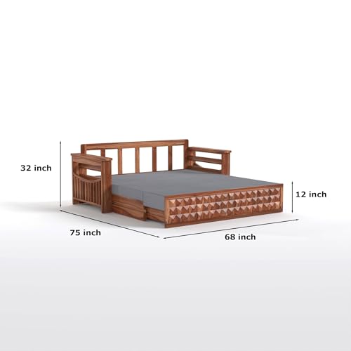 Image of Mamta Furniture Solid Sheesham Wood Sofa Set 3 Seater Furniture Wooden 3 Seater Sofa Cums Bed for Home Living Room with Cushions (Honey with Grey, 3 Seater Design 2)