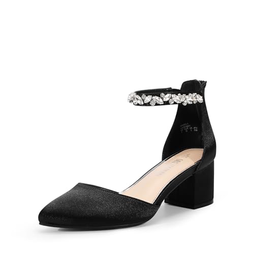 DREAM PAIRS ANNEE Pointed Toe Low Chunky Heels Pump Shoes 5 Black-rhinestone