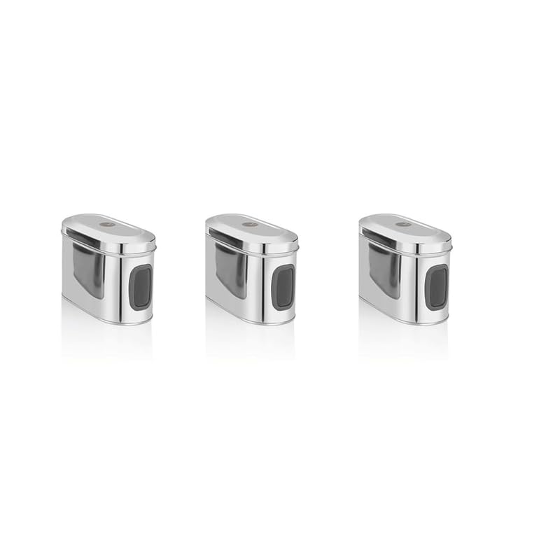 Image of Stainless Steel Capsule Food Canisters /Jars /Containers for Kitchen Storage with See Through Window - set of 3, 1350 ml capacity, 9 cm Diameter, Silver