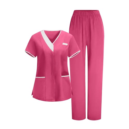Image of 2026 Scrub for Cleaning Jobs Uniform, Multi Pockets Scrubs for Women Sets, V-Neck Top & Straight Leg Pants Scrubs Set