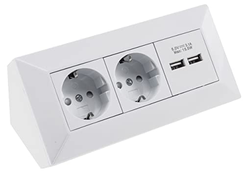 2 enchufes de Esquina para Mesa con 2 Puertos USB, 230 V, en ángulo de 45°, precableado, para Cocina o Taller, Color Blanco Cover