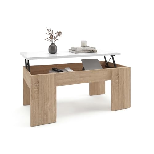 duehome | Mesa de Centro Elevable, Mesita de Salón o Comedor, Modelo Vita, Acabado en Color Roble Canadian y Blanco Artik, Medidas: 100 cm (Largo) x 50 cm (Ancho) x 45-53 cm (Alto)