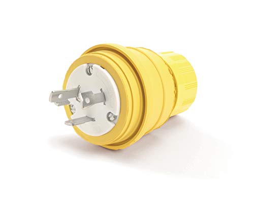 Woodhead 28W47 Watertite Wet Location Locking Blade Plug - Yellow Electrical Wiring Plug with 2 Wire/ 3 Pole Design, 30 A, 125 V - Waterproof Plug
