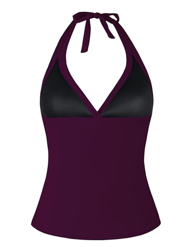 Hilor Women's Tankini Bathing Suit Plunging V Neck Halter Swim Tops Shirred Tummy Control Tankini Top3