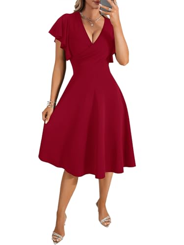 Image of LYANER Women's Warp V Neck Ruffle Short Sleeve A Line Swing Flared Cocktail Party Midi Dress