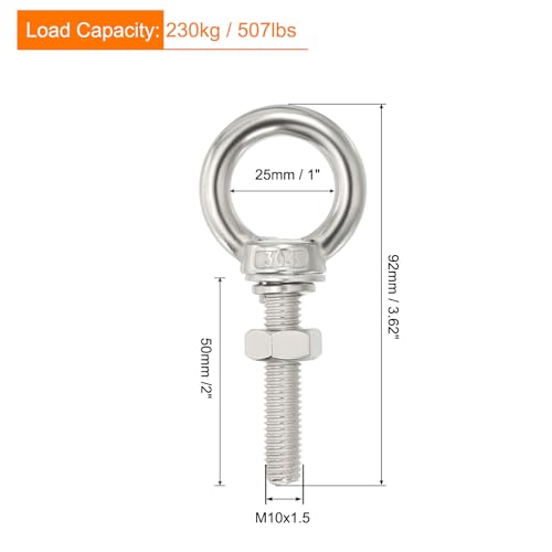 Image of uxcell M10x50 3 /8 inchx2 inch Stainless Steel Eye Bolts Threaded Screw Eyebolt Shoulder Ring with Nuts Washers for Lifting Hanging, 2 Set