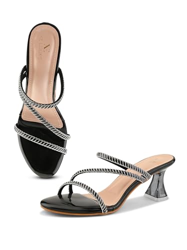 Image of XE Looks Heels for Women | Glossy Finish | Criss-Cross Silver Embellished Straps | Comfortable Block Heel Sandals for Girls