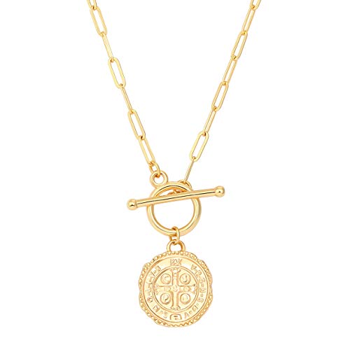 Saint Benedict Medals Necklace 18K Gold Paperclip Toggle Medallion Coin Cross Pendant Necklaces Evil Protection Religious Jewelry Catholic Gifts for Men Women