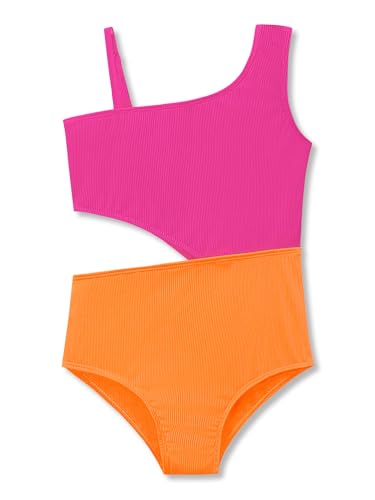 Image of Dvenki Big Girls Asymmetric Cutout Swimsuit Adjustable Straps Sizes 6X-16 | color block, leopard, tropical prints, front lined swimwear, removable pads, suitable for beach, vacation, pool play