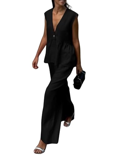 chouyatou Women's Casual 2 Piece Outfits Peplum Ruffle Tank Top