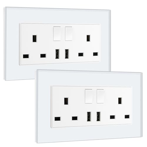 BSEED Double Switched Sockets with Two USB Charging Ports, UK Standard Electric Power Sockets with Glass Panel, 2 Gang 13A Wall Socket, White, 2 Pack