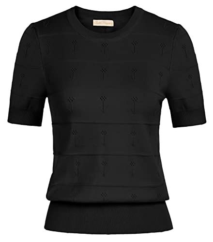 Belle Poque Womens Puff Short Sleeve Sweaters Summer Crew Neck Black Pullover Blouse,M #TOP16