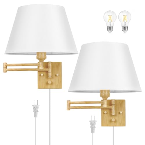 Image of TRLIFE Dimmable Wall Sconce Plug in, Wall Sconces Set of 2 Swing Arm Wall Lights with Plug in Cord and Dimmer On /Off Knob Switch, 11.8 inch Large White Fabric Shade(2 LED Bulbs Included, Oak Color)