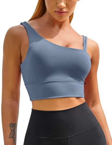 Image of MELYUM Longline Sports Bras for Women One Shoulder Workout Tank Tops with Built in Bra Supportive Crop Yoga Top Padded