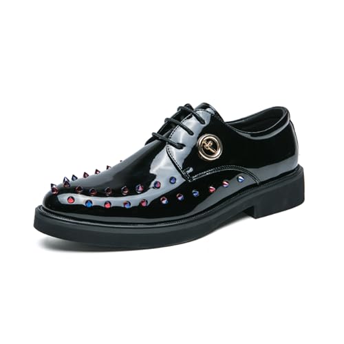 Mens Rivet Patent Leather Lace Up Oxford Classic Round Toe Spikes Tuxedo Modern Loafers for Formal Business Dress Wedding Derby Shoes