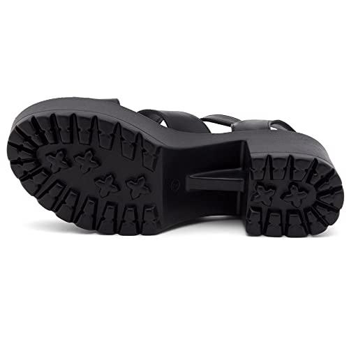 Herstyle Womens Certain Open Toe Two Band Lug Sole Block Heel Platform Sandals With Adjustable Ankle Strap, Black, Size, 8.0 #TOP3