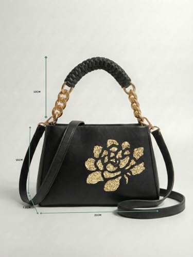 Image of LIKE STYLE Women's PU Sling Bag with Gold Glitter Floral Print | Dual Compartment Crossbody & Shoulder Bag with Braided Handle | Stylish Zip Closure Handbag for Office & Daily Use | Durable Material