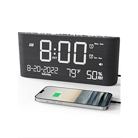 Raynic Alarm Clock, 8.7 Inch Digital Clock,5 Adjustable Volume Calendar Clock with Type-C Charger,Dual Alarms,Temperature, Humidity,Date,and 5 Dimmer for Bedroom Living Room Office (Grey) Cover