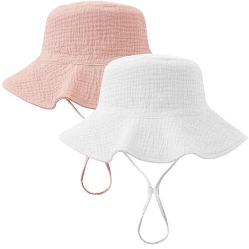 Image of Konssy 2 Pack Muslin Baby Sun Hat UPF 50+ Sun Protection Baby Bucket Hat Summer Beach Hats with Wide Brim for Boys & Girls