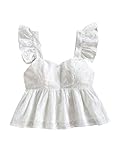 SOLY HUX Women's Sweetheart Neck Cap Sleeve Peplum Ruffle Hem Summer Tops Eyelet Embroidery Cute Vacation Blouse Solid White Medium