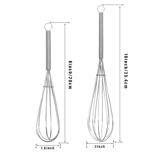Digead Lot de 2 mini fouets en acier inoxydable 304 de 20,3 et 25,4 cm pour la cuisine, la pâtisserie, les œufs et les sauces (poignée ergonomique en spirale robuste, argenté) – vue 2