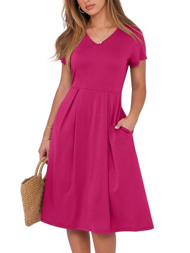 Image of ANRABESS Women Summer Dress Casual Short Sleeve V Neck A-Line Knee Length Pleated Flowy 2026 Fashion Midi Dresses with Pocket