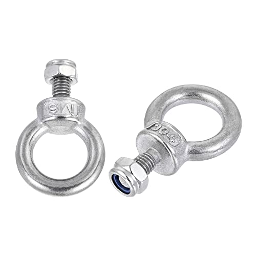 Image of uxcell Lifting Eye Bolt M6 x 12mm Male Thread with Hex Screw Nut for Hanging Securing Chain Wire Rope, 304 Stainless Steel, 2 Sets