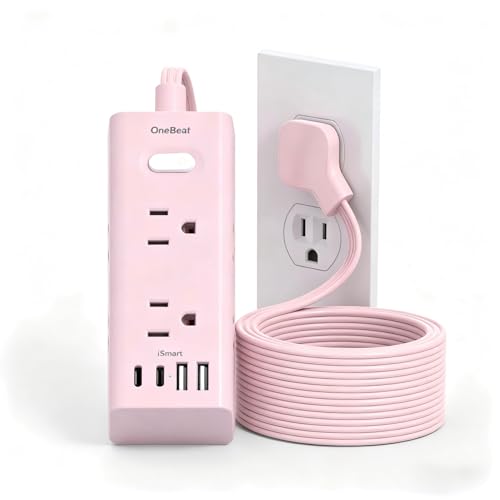 Image of 10Ft Extension Cord with Multiple Outlets,Flat Plug Power Strip Surge Protector with 10 Ft Long Cord,6 Outlet 4 USB Ports (2USB C),Multi Outlet Wall Plug for College,Dorm Essentials(Pink)