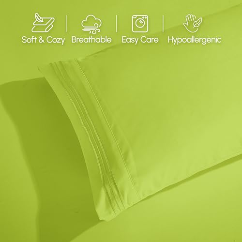 Image of Elegant Comfort Luxurious 1500 Premium Hotel Quality Microfiber Three Line Embroidered Softest 4-Piece Bed Sheet Set, Wrinkle and Fade Resistant, Queen, Lime