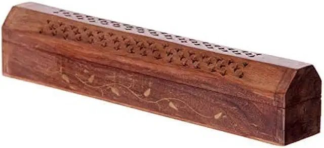 Rushant Wooden Coffin Box Cone Incense Holder with Leaf Carved Design and Storage