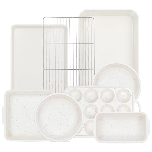 Aotaso 8 Pcs Baking Pans Set, Silicone Bakeware Sets With Metal Reinforced Frame, Nonstick Stackable Carbon Steel Non Toxic Baking Sets For Cooking (Cream)