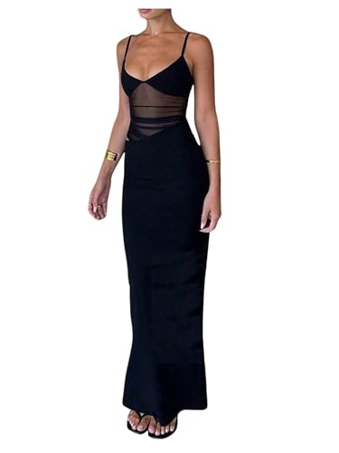 Women's Sheer Mesh Cut Out Maxi Dresses V Neck Sleeveless Patchwork Cami Summer Bodycon Dress