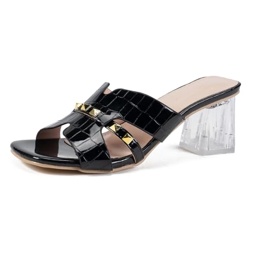 Women's Open Toe Rivet Chunky Heel Slides Sandals Fashion Square Toe Slip On Clear Block Heel Mule Sandals Dressy Party Dress Summer Slippers