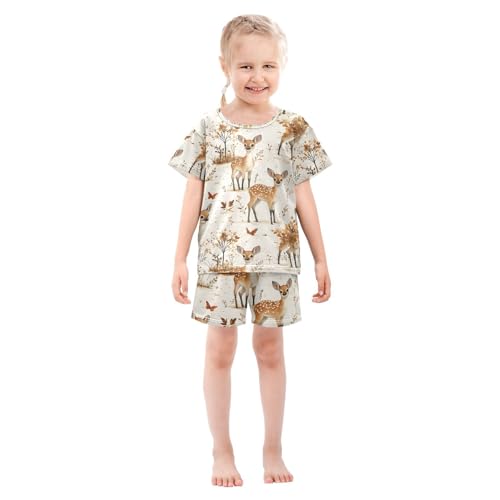 ALAZA Autumn Deer Leaf Butterfly Pajamas Set Short Sleeve Cotton Sleepwear Summer Pjs 2 Piece 5-14Y3