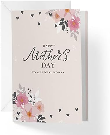 1Up Greetings Mothers Day Cards For Stepmom, Aunt, or Like A Mom with Envelope | Pink and White Flowers with Hearts Happy Mother's Day to a Special Woman | 5”x7.5” | (Single Card)