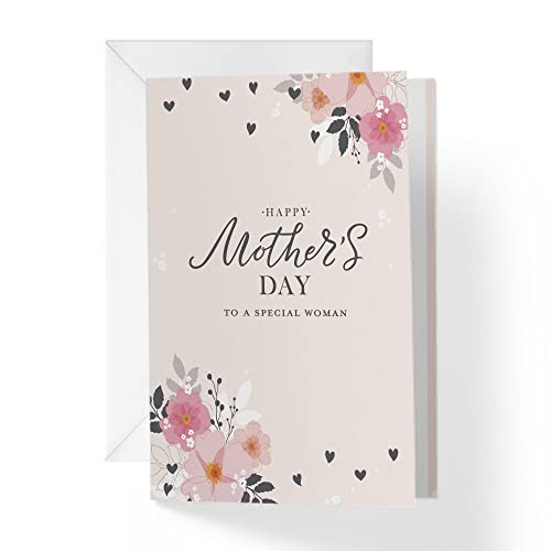 1Up Greetings Mothers Day Cards For Stepmom, Aunt, Or Like A Mom With Envelope | Pink And White Flowers With Hearts Happy Mother's Day To A Special Woman | 5”X7.5” | (Single Card) #TOP8