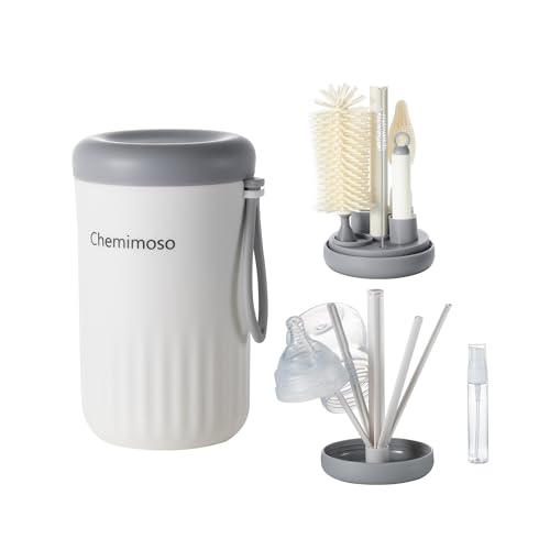 Image of Chemimoso Travel Silicone Baby Bottle Cleaner Brush Set, Foldable Baby Bottle Drying Rack, Essential Cleaning Set for Outdoor Travel, Grey and White