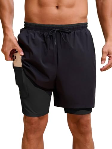 NCERUN 2 in 1 Mens Swim Trunks 7 Inch Swim Shorts Elastic Waist Bathing Suit with Compression Liner